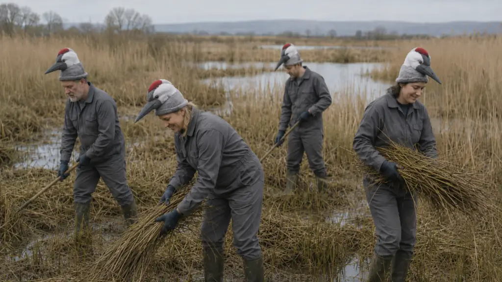 Volunteers working in a wetland marsh